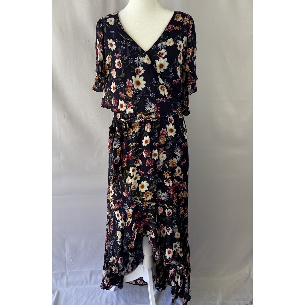 Parker Dress Women's Small / Medium Navy Floral Silk High Low Flutter Sleeve